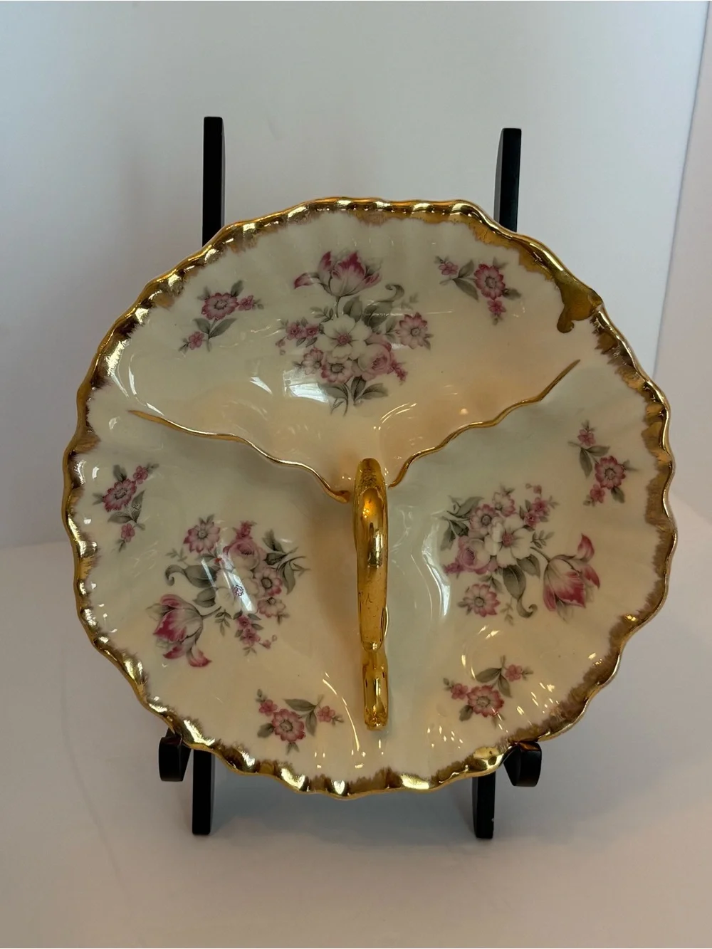 Antique 22k Gold Trim Divided Floral Relish Serving Dish Bowl with Handle